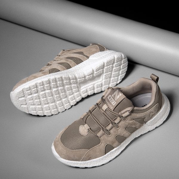 

goodstus men genuine leather casual shoes solid high fashion quality breathable thick sole male outdoor running shoes, Black