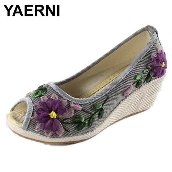 

yaerni2020 vivid floral ethnic women sandals summer peep toe embroider canvas wedge heel slip on ladies shoes, Black