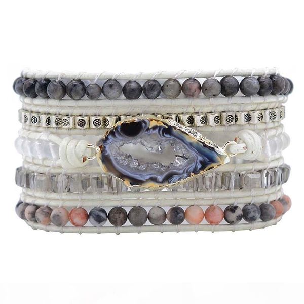 

unique natural stones druzy wrap bracelet female handmade boho bracelet for women girls white leather bracelet dropshipping j190703, Golden;silver