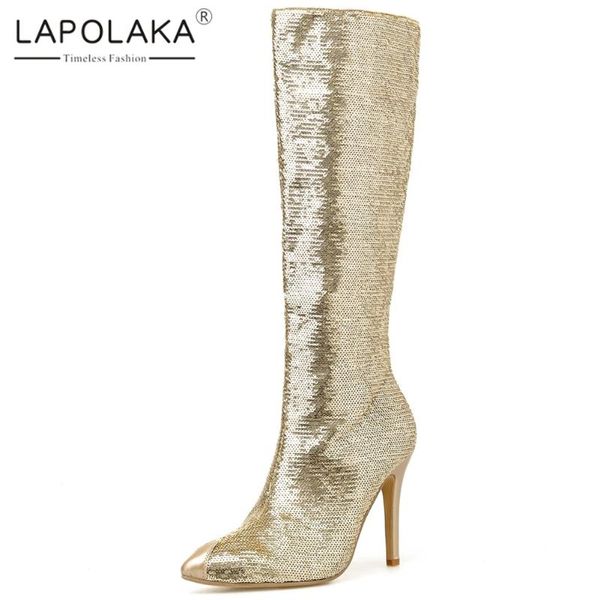 

lapolaka 2020 british style thin heeled high heel knee high boots woman shoes shiny sequins stage tip boots female, Black