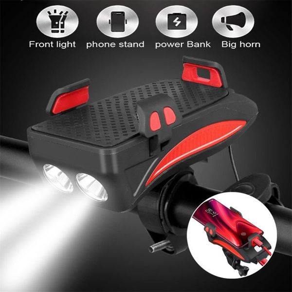

multi-function 4 in 1 bicycle light usb rechargeable led bike headlight bike horn phone holder powerbank cycling light
