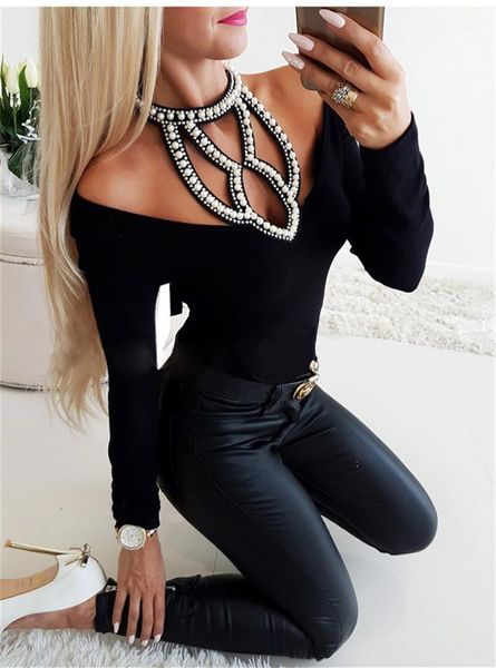 

из бинты стиль топы sexy женской одежды осени женщины конструктора tshirts сплошного цвета отпечатанных бусин hollow, White