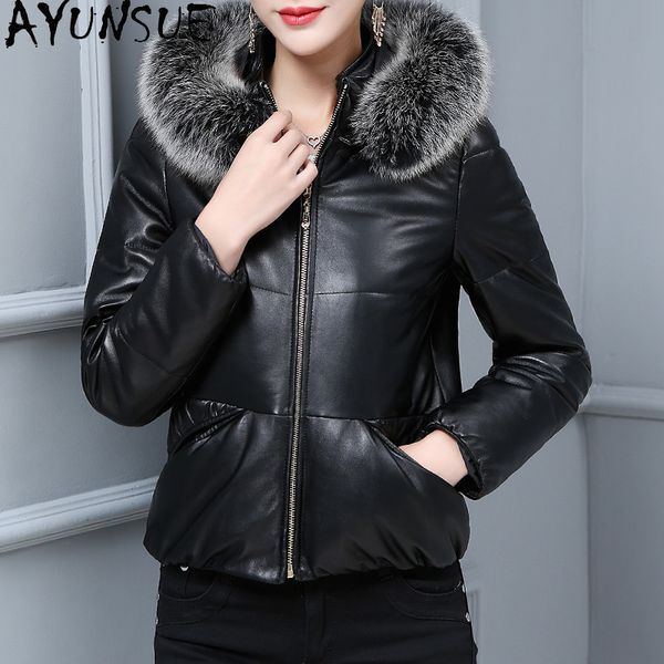 

ayunsue genuine leather down jacket women hooded winter 100% sheepskin coat female fur collar real leather coats d5197q40, Black