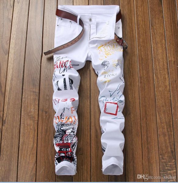 

men's printing luxury white jeans designer men jeans hole famous brand slim fit mens printed jeans biker denim pants 5601, Blue
