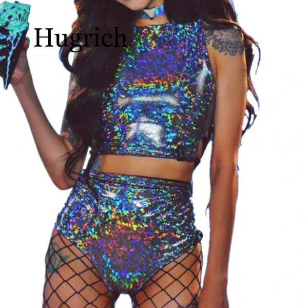 

festival queen holographic crop and shorts women 2 piece sets lace up festival party rave clothing two piece sets, Gray