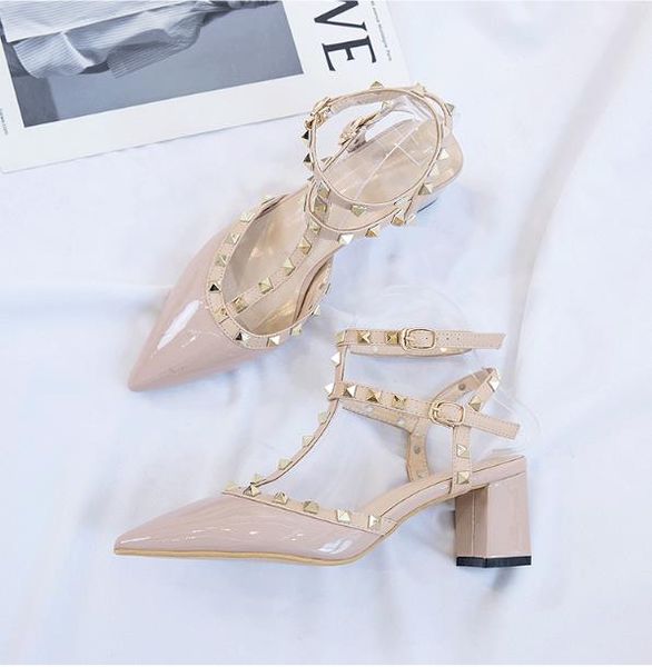 

size 33-43 women pumps summer high heels pointed nude shoes woman ankle strap pumps shoes thick heel rivets for lady, Black
