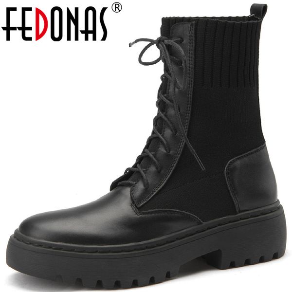 

fedonas female winter motorcycle boots for women side zipper genuine leather chunky heels shoe woman party ankle boots, Black