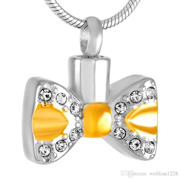 

z214 silver and gold inlay crystal bowknot stainless steel cremation ashes necklace holder keepsake memorial urn pendant jewelry for women