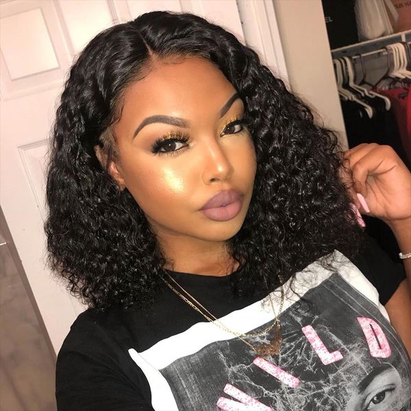 

new 2020 short curly human hair wig bob kinky curly wig brazilian remy hair for women pre-plucked deep wave wigs, Black