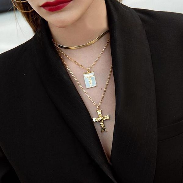 

retro gold portrait simple cross pendant necklaces female punk chain statement chokers necklace punk hip hop women men jewelry, Silver