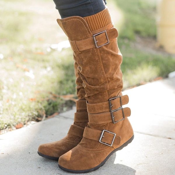 

vogue winter long boots women knee snow boots metal buckle high heel thick fur shoes women footwear big shoes girls, Black