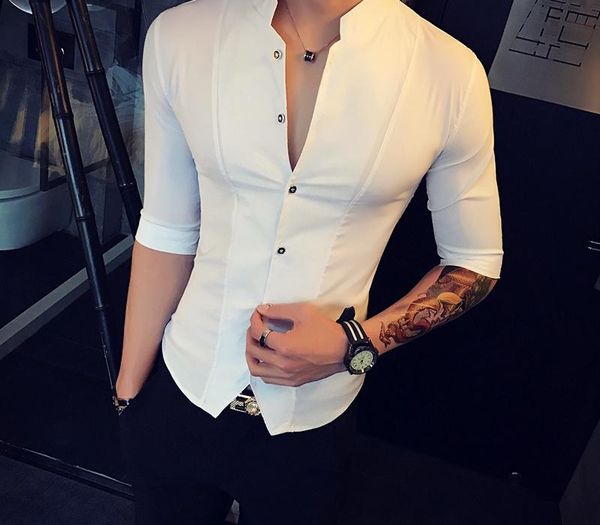 

stand collar chinese style shirt men slim fit korea clothes men half sleeve 2020 summer designer club shirt camisa masculina cx200618, White;black