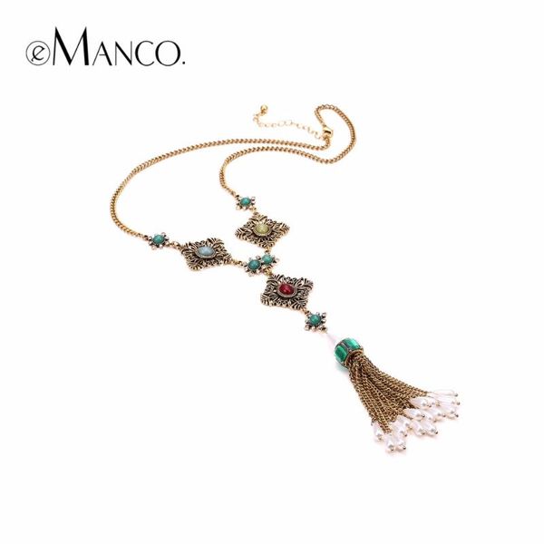 

emanco women's vintage green glass gray yellow red resin pendant chain necklace ethnic long tassel fashion necklace jewely, Silver