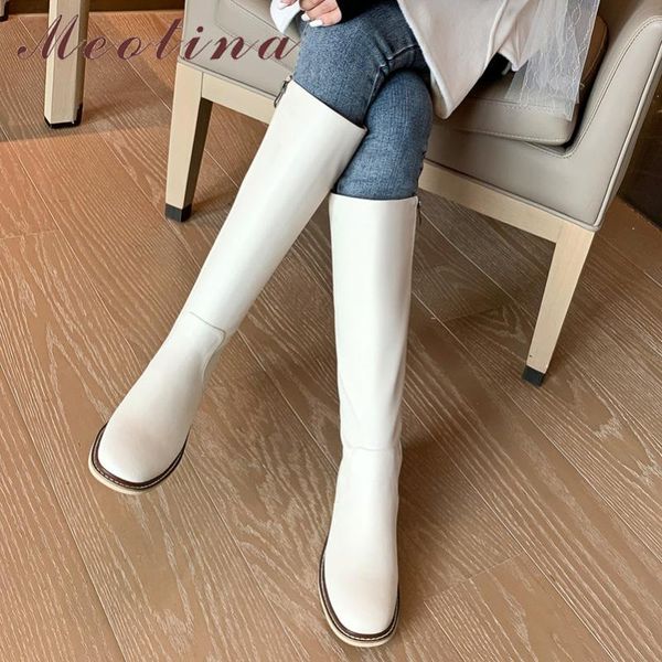 

meotina riding boots women shoes genuine leather flats long boots rivet zipper knee high female autumn winter beige 33-40, Black