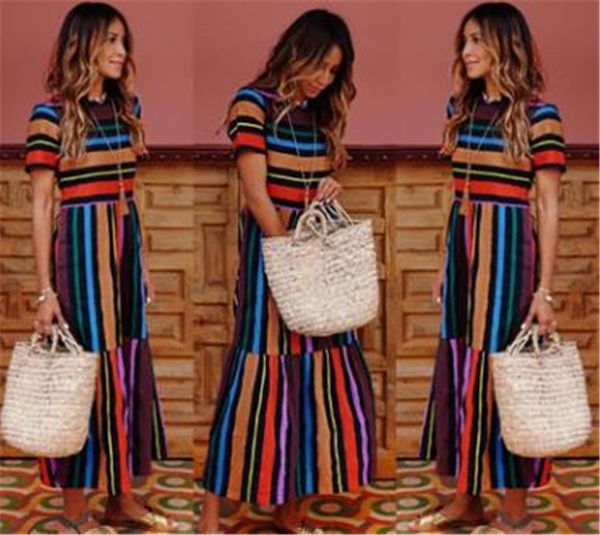 

dropshipping rainbow striped print short sleeve a line dress summer womens designer casual dress fashion female clothing, Black;gray