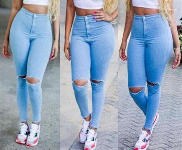 

jean pants fashion silm fit solid color jeans casual high waist skinny trousers women hole pencil, Blue
