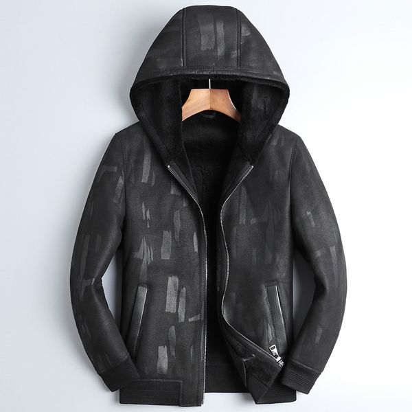

real genuine leather jacket men hooded winter sheepskin coat short wool lining men's leather jackets blouson cuir homme 4714, Black
