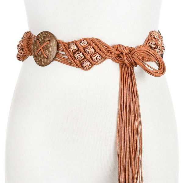 

summer beach belt women boho knitted rope wooden beads belt waist chain clothing accessory flora knitted for woman dress, Black;brown