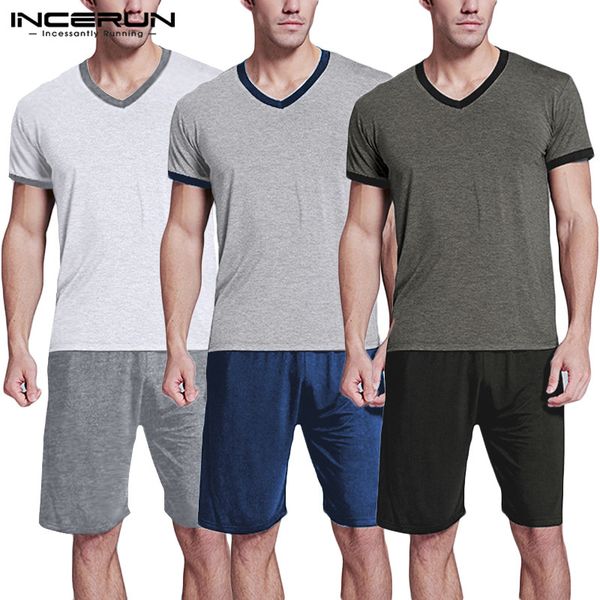 

incerun men pajamas sets patchwork homewear short sleeve v neck nightgown shorts 2 pieces 2020 fashion soft mens sleepwear suits, Black;brown