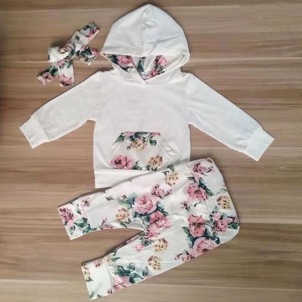 

new 3pcs baby girl clothes set autumn newborn infant outfit sweater hoodie floral pants headband pullover new born clothing set, White