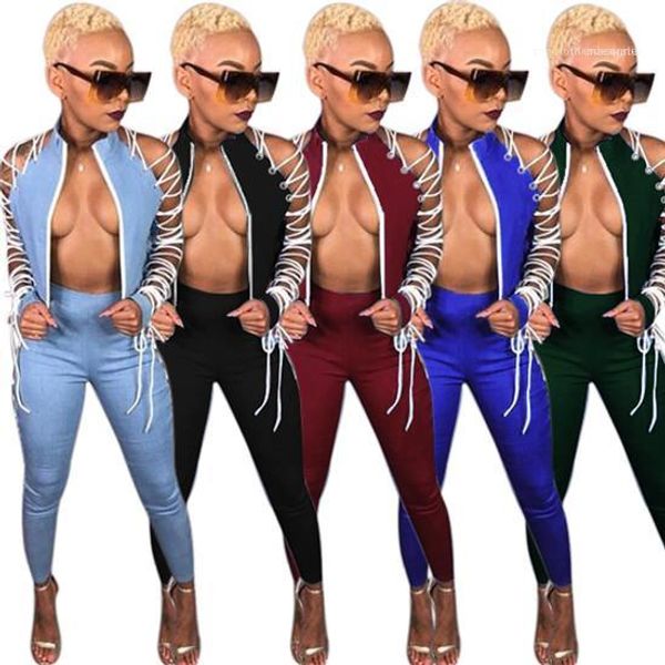 

2pcs straps irregular suits spring designer bandage sets ladies two piece pants females solid color fashion clothes womens, White