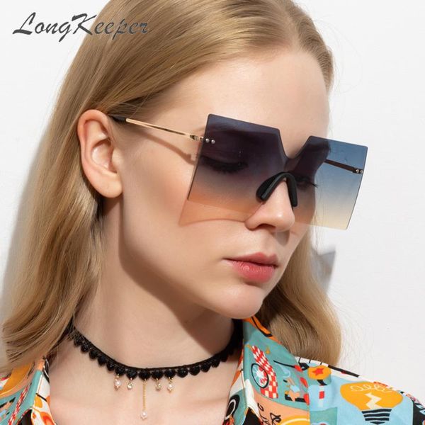 

longkeeper 2020 oversized blue brown sunglasses women vintage brand rimless rivet eyewear shades uv400 feminino, White;black