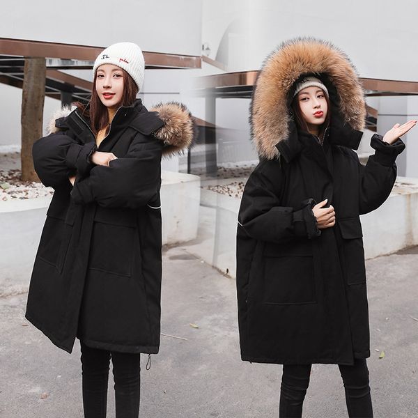 

plus size hooded parkas jacket real raccoon fur collar women's down jacket white duck down coat female ropa zjt169, Black