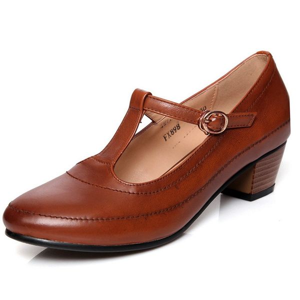 

dress shoes vintage genuine leather mary jane pumps crude heel t-shaped buckle strap brown, black work female mujer obuv
