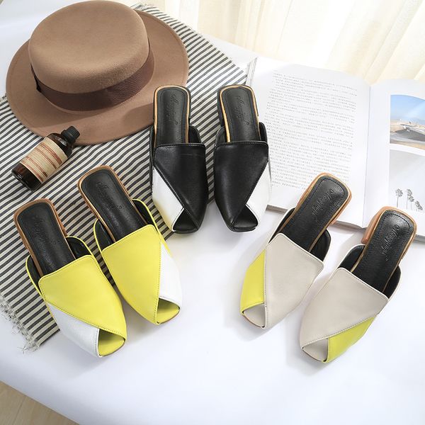 

fashion 2020 new summer fish mouth sandals leather wild half slippers women's shoes, Black