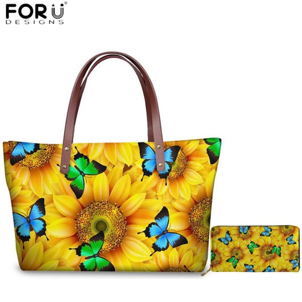 

forudesigns sunflower butterflies print women tote bag luxury female large handbag+pu wallet fashion youth girls school hand bag