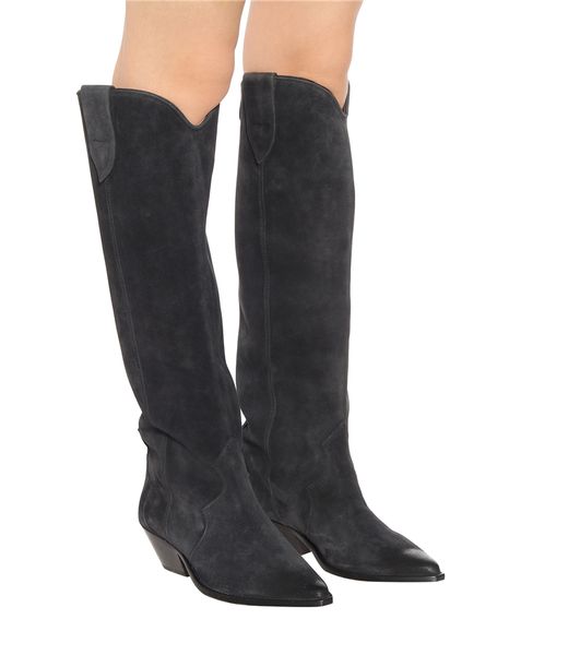 

2020 new natural suede leather boots thick heel retro western boots roman shoes women's cowboy botas mujer pointy old west boots, Black