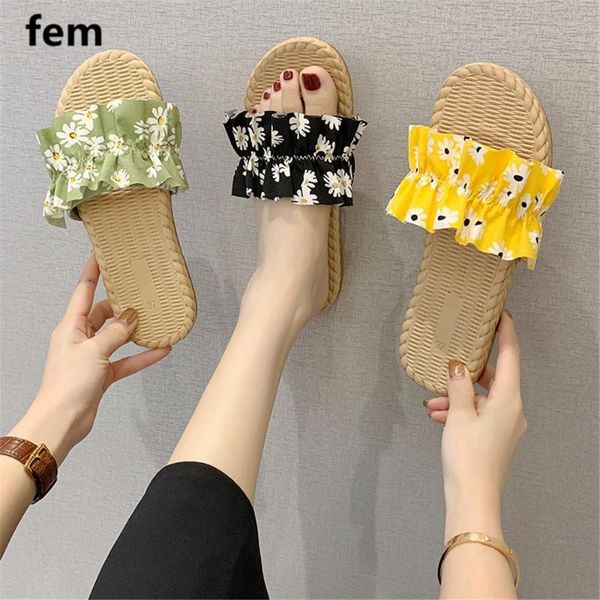 

woman slippers pleated slides daisies decoration r fresh summer sandallias flats shoes outdoor causal slippers women shoes, Black
