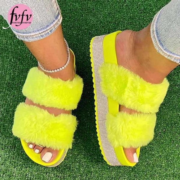 

fvfv]women fur platform slippers summer furry slides female fluffy shoes women's bling slide large size wholesale dropshipping, Black