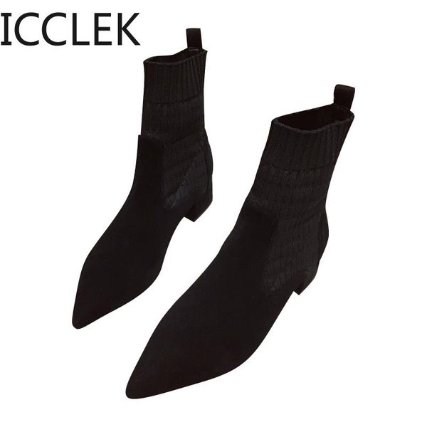 

2020 autumn winter knitted stretch fabric socks women boots low heel short boots pointed toe women ankle a083, Black