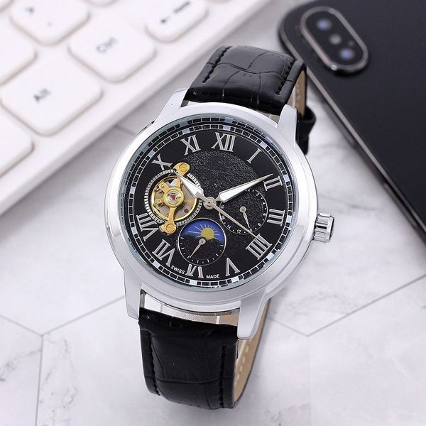 

2021 new luxury mens watches large flywheel roman numeral dial automatic mechanical watch designer wristwatches brand genuine leather strap, Slivery;brown