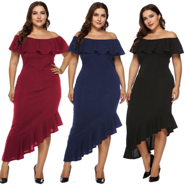 

neck d30 size plus ruffle trumpet women asymmetrical hem office vestidos dress shoulder slash off 4xl ladies elegant otrjj, Black;gray