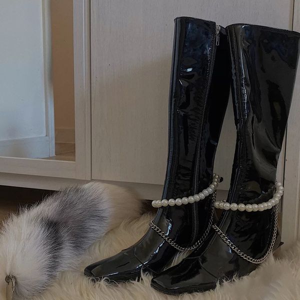 

pearl style women motorcyle boots fashion square toe knee high boots autumn winter warm patent leather high heels shoes, Black