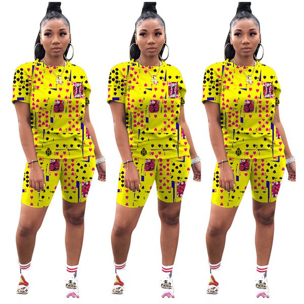 

designer woman tracksuits dropshipping two piece outfit summer short sleeve tshirt shorts set playing cards print, Gray