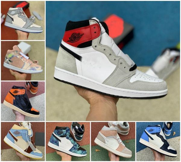 

1s high light smoke grey mens basketball shoes shattered backboard jumpman 1 obsidian unc white to chicago women travis scotts sneakers, White;red