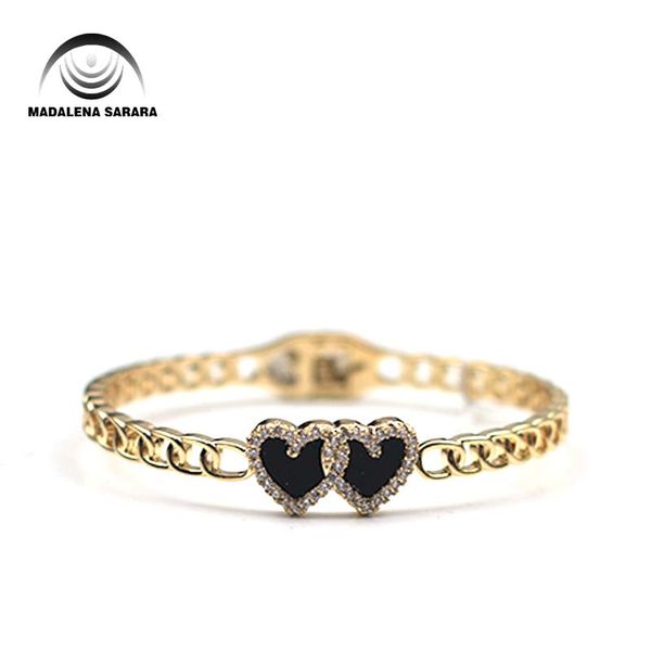 

madalena sarara zircon inlaid bangle girl's copper gold tone bracelet double heart style so cute for gift, Black
