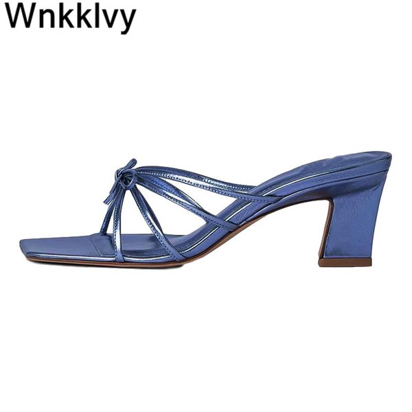 

chunky high heel flipflops vocation beach slippers narrow band bow-knot lazy mullers simple sandals summer shoes women sandalias, Black