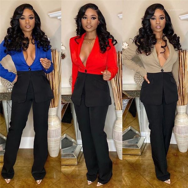 

женская одежда 2 шт набор осень женские дизайнерские пиджаки костюмы sexy отворотом шеи контрастные костюмы цвета мода, White