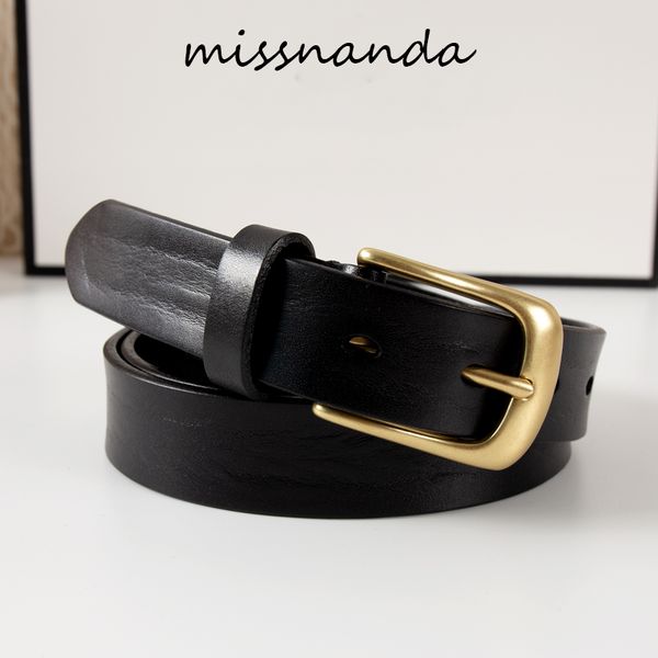 

missnanda simple fashion ladies leather belt solid copper pin buckle first layer pure cowhide smooth belt business, Black;brown