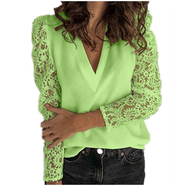 

Women V-neck Lace Hollow Out Blouse Patchwork Long Sleeve White Office Ladies Blouses Summer Casual Solid Female Tops