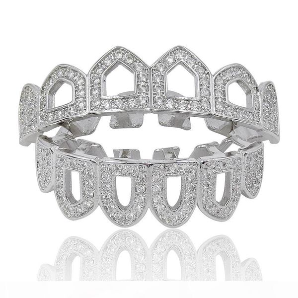 

6 teeth hollow women men funny hip hop gold plated full micro zircon bottom gold vampire dental grills halloween gift, Black