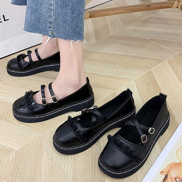 

spring autumn lolita shoes double buckle mary janes shoes women flats lace girls black slip on zapatos mujer 8360n