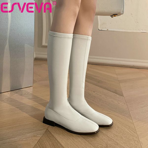 

esveva 2021 slip on square low heel pu leather knee high boots women boots shoes round toe fashion platform size 34-43, Black
