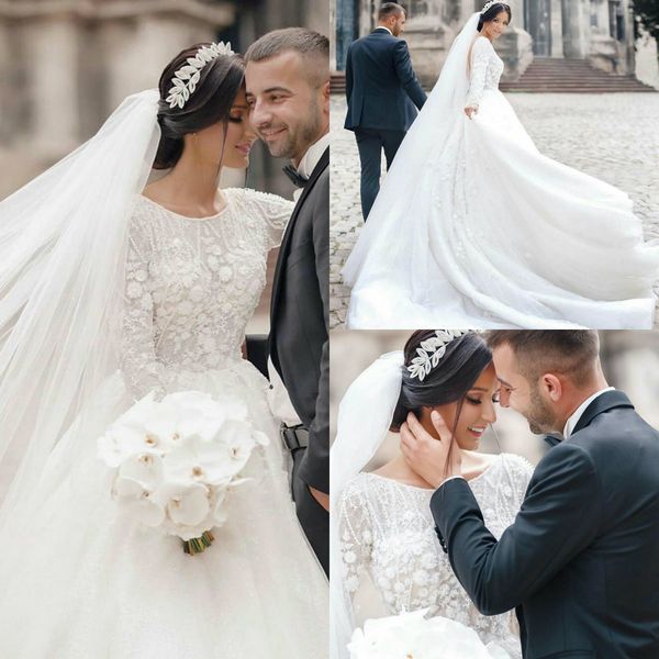 

elegant a line wedding dresses 2021 arabic middle east long sleeve lace appliqued bridal gowns plus size vestido de novia, White