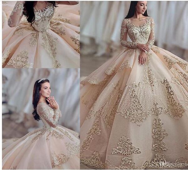 

2020 champagne lace a line wedding dresses illsuion long sleeves tulle lace beaded layers sweep train wedding bridal gowns, White