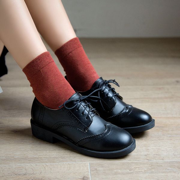 

ymechic retro 2020 autumn med block heels women black shoes office dress lace up ladies pumps brogue carved oxford shoe big size
